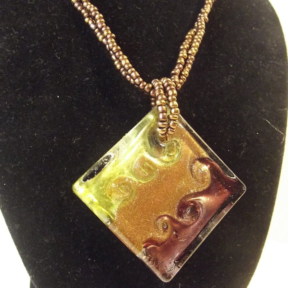 Art Glass Pendant Necklace Purple, Green & Bronze Tone